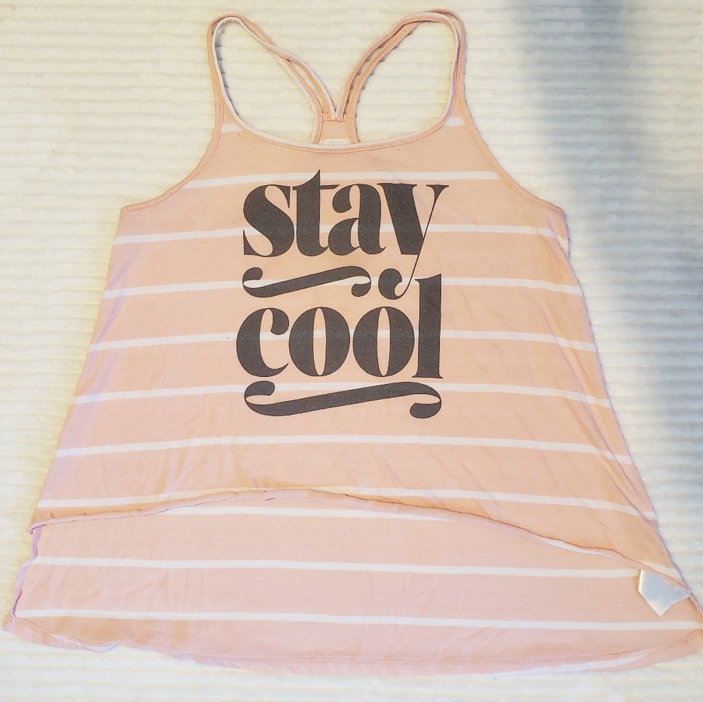 Old Navy Pink White Striped Tank High Low Sleeveless Top w 'Stay Cool' Print L